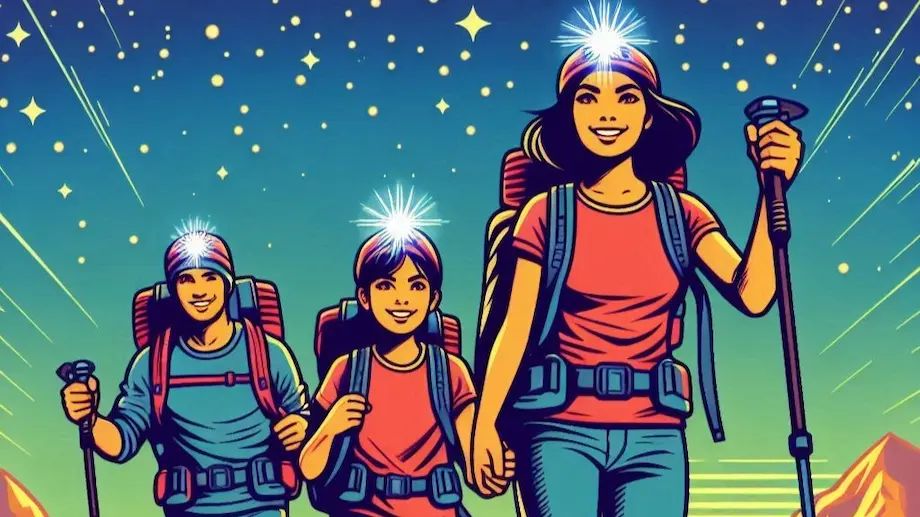 A family night hiking in the desert
