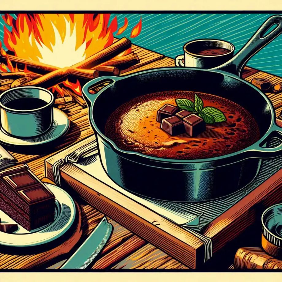 A chocolate cake cooked in a Dutch oven over a campfire