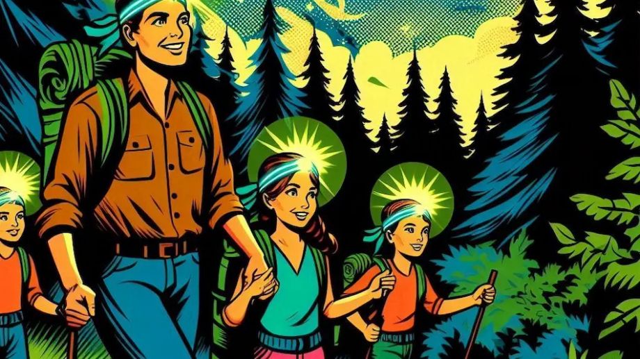 A family hiking at night