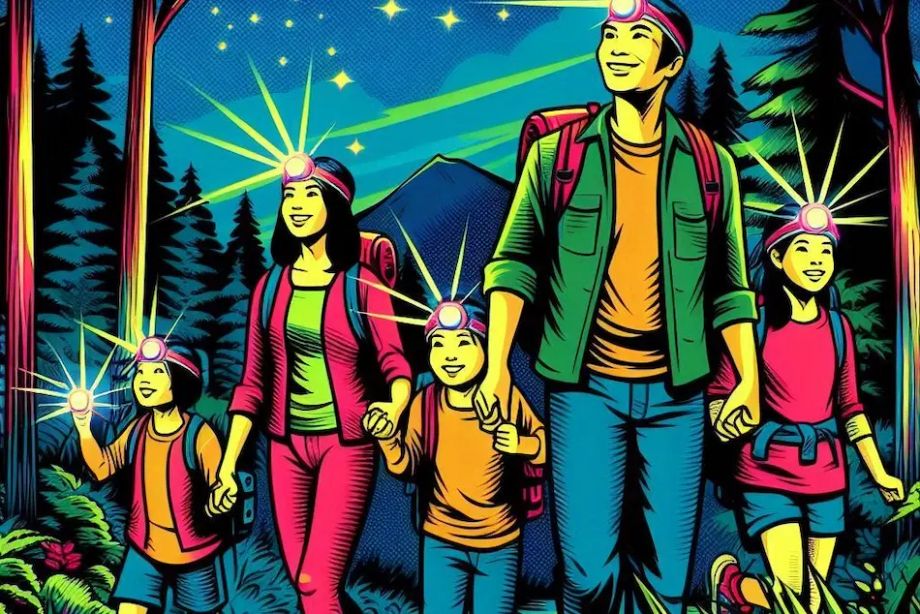 A family hiking at night