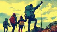 AI generated illustration of family hiking in the fall